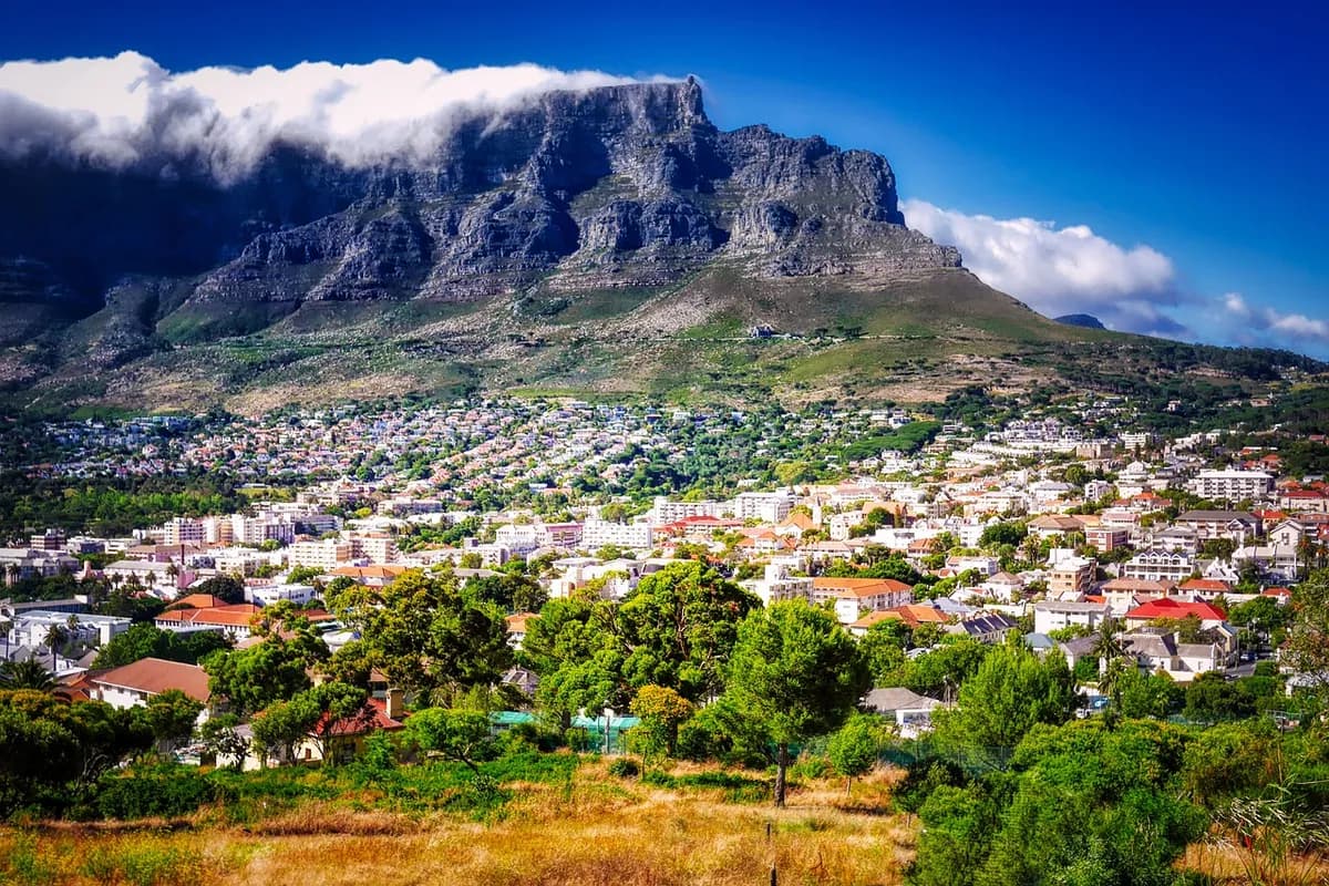 table mountain, city, panorama, mountain, clouds, buildings, nature, houses, cityscape, urban, city view, trees, mood, tourist attraction, landmark, cape town, south africa, africa