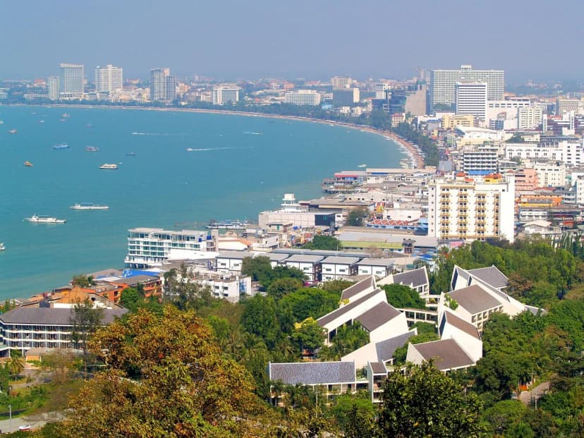 pattaya, thailand, beach, hill, downtown, sunlight, street, coast, arch, clear, town, houses, bird, tropical, green, cloud, travel, view, sand, landmark, gulf, swim, scenery, port, ship, sun, asi
