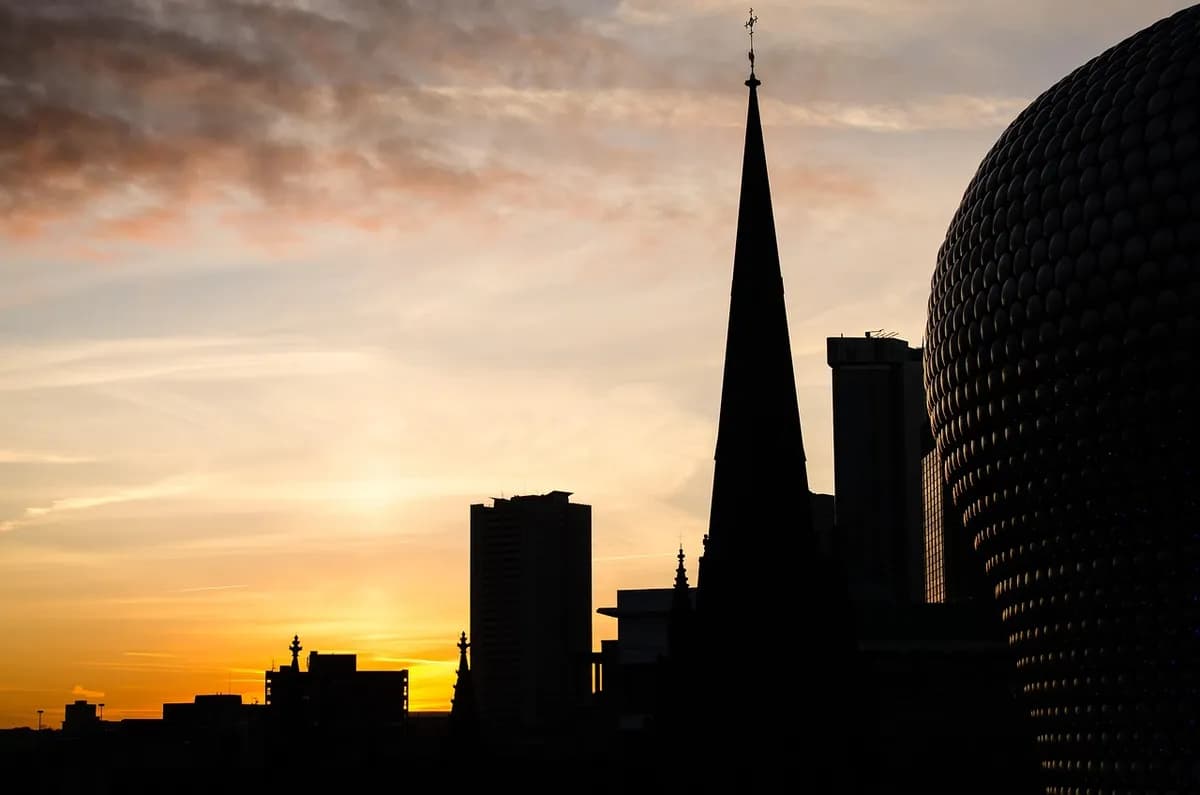 bull ring, sunset, birmingham, united kingdom, nature, buildings, city, urban, night, dusk, landmark, silhouette