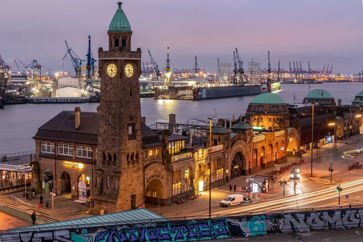 port, clock tower, hamburg, architecture, tower, landmark, harbor cranes, harbor, city, twilight, dusk, dawn, river, elbe, hanseatic city, panorama, northern germany, germany, hamburg, hamburg, h